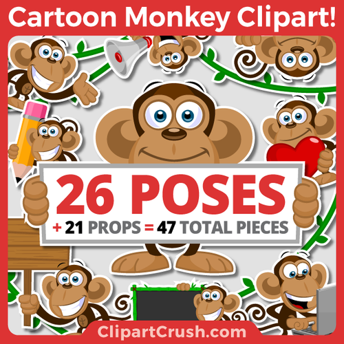 Cute & Happy Cartoon Monkey Clip Art  For Teachers & Kids - High Quality Full Color Clipart in PNG, SVG, PDF, and JPEG file formats