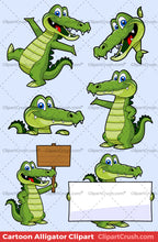 The Best Vector Cartoon Clip art Alligator Mascot Character set for logos, teaching materials and kids of elementary schools. Happy Dancing gator with blank signs and other props.