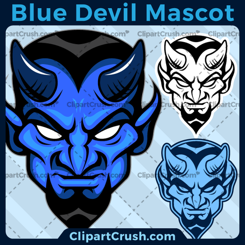 Blue Devils Mascot Logo for your school or team. Black & white line art included. Great for basketball, soccer, football, lacrosse, baseball, or softball sports teams.