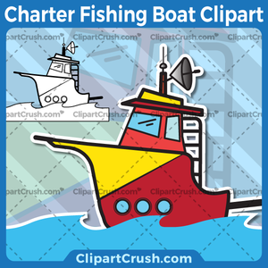 Vector SVG PNG Off Shore Sea Ocean Charter Fishing Boat clipart for teachers, school, kids, businesses or anyone that needs a cool Fishing Boat for their projects. Black & white Fishing Boat vector line art included. Great for logos, icons, curriculum.