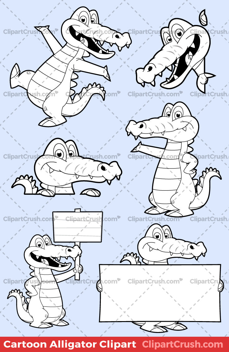 Cute Clipart Alligator Black & White Outlines For Teachers & Kids (B&W)