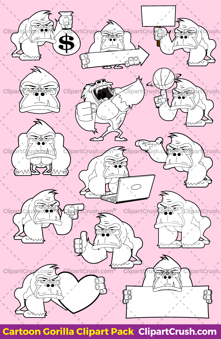 Cute Clipart Gorrilla Black & White Outlines For Teachers & Kids (B&W)