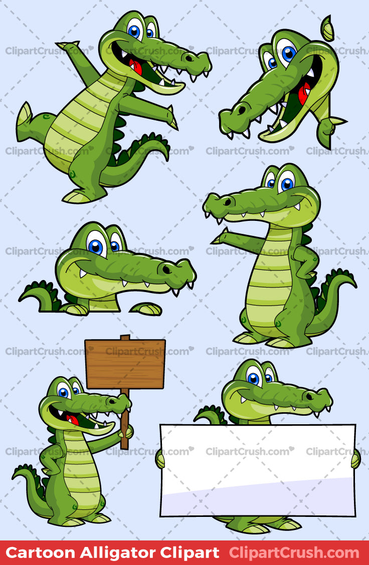The Best Vector Cartoon Clip art Alligator Mascot Character set for logos, teaching materials and kids of elementary schools. Happy Dancing gator with blank signs and other props.