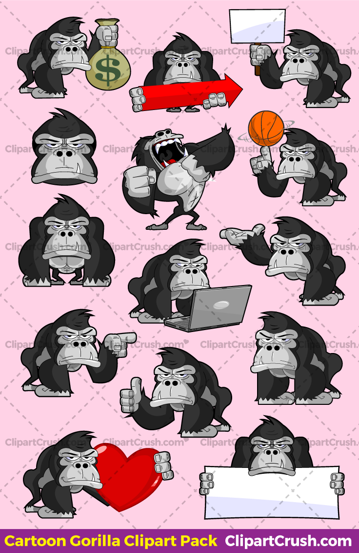 The Best Vector Cartoon Clip art Gorrilla Mascot Character set for logos, teachers and elementary school kids. Happy Chimp Gorrilla with blank signs and other props.  Royalty Free Commercial Use.