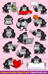 The Best Vector Cartoon Clip art Gorrilla Mascot Character set for logos, teachers and elementary school kids. Happy Chimp Gorrilla with blank signs and other props.  Royalty Free Commercial Use.