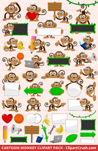 The Best Vector Cartoon Clip art Monkey Mascot Character set for logos, teachers and elementary school kids. Happy Chimp Monkey with blank signs and other props.  Royalty Free Commercial Use.