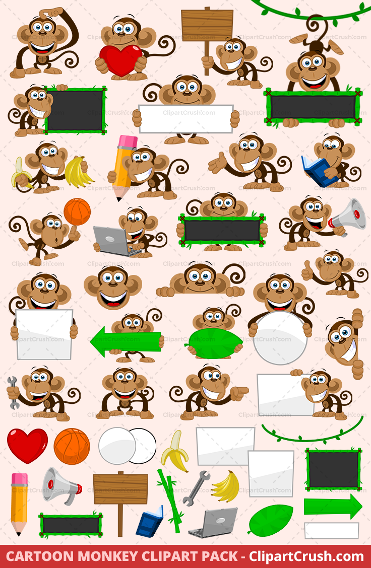 The Best Vector Cartoon Clip art Monkey Mascot Character set for logos, teachers and elementary school kids. Happy Chimp Monkey with blank signs and other props.  Royalty Free Commercial Use.